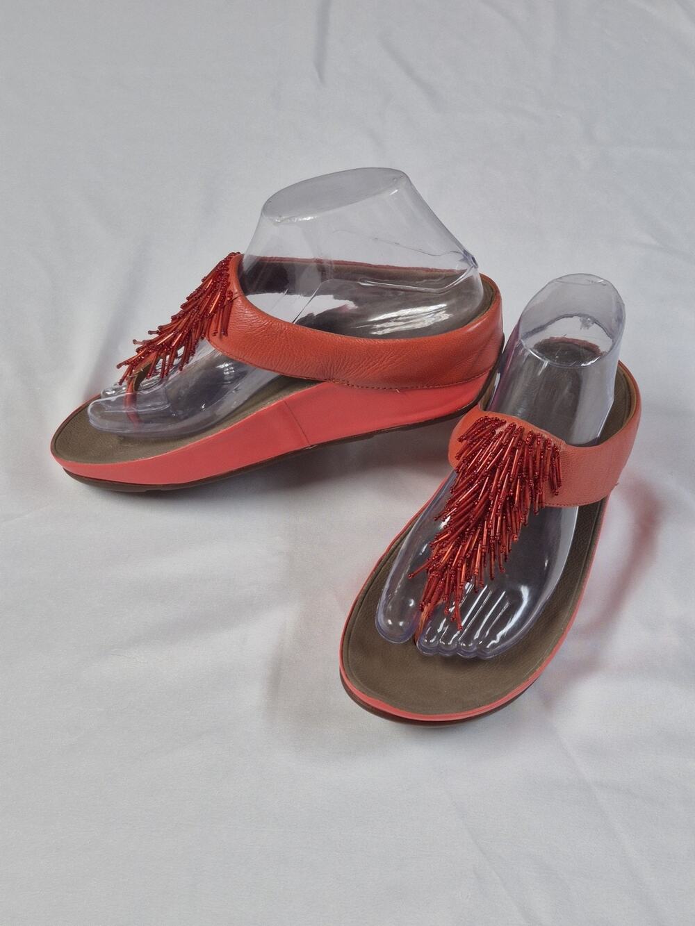 FitFlop Cha Cha Sandals Women Flame Orange Red Leather Beaded Fringe Thong Sz 7